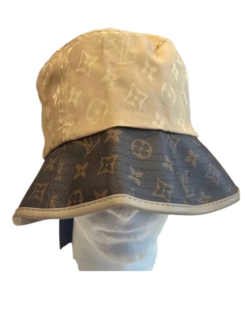 HAT: Brown & Beige Polyester Monogram & PU Leather Bucket, NWT